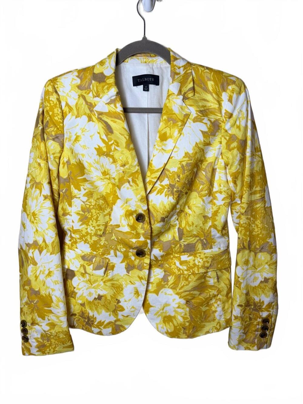 Talbots Yellow Fall Floral Blazer Jacket Size 4 Cotton 2 Button Preppy